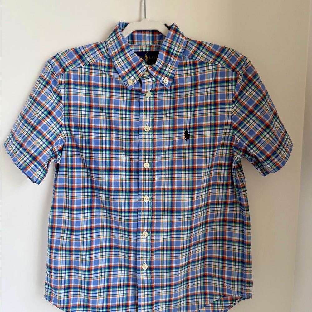 Ralph Lauren Boys Blue & Green Plaid Short Sleeve Button-Down Shirt